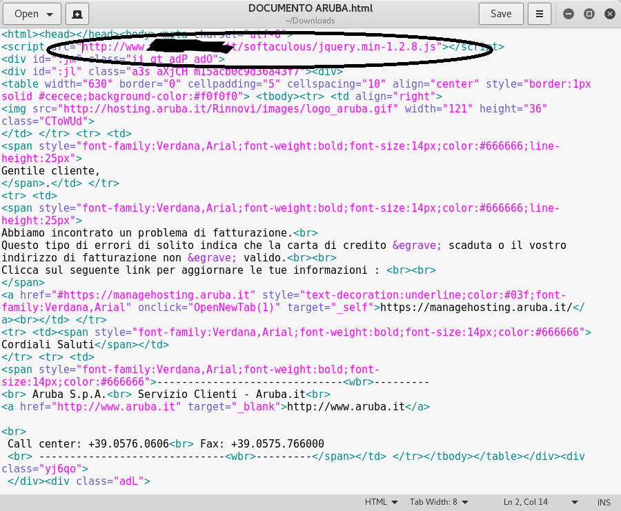 Phishing Aruba - Codice 1