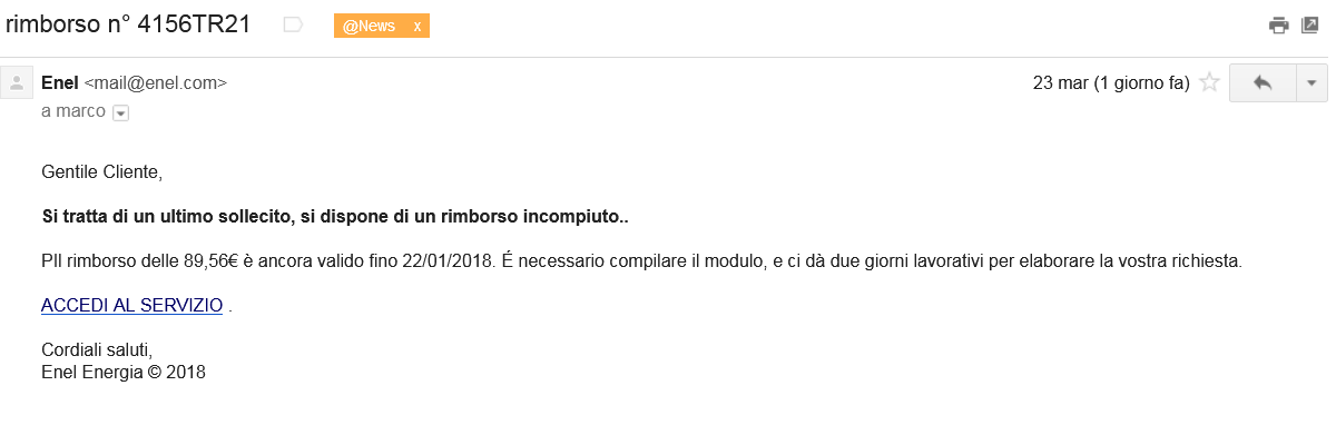 Rimborsi ENEL – L'ennesima ondata di Phishing